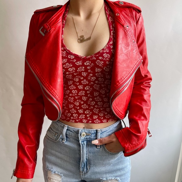 Guess Red Leather Jacket for Women - Picture 1 of 9